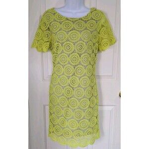 Haight Ashbury Crochet Dress Medium Overlay Shift Lime Yellow Lined Bohemian